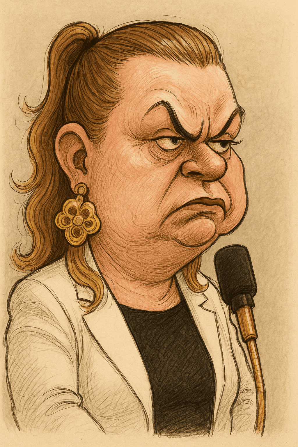 Caricature satirique de Mathilde Panot en train de parler dans un micro doré, avec des traits exagérés, un air sévère et de grandes boucles d’oreilles.
