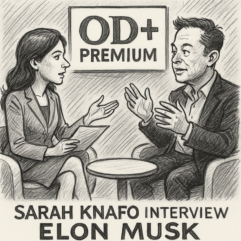 Dessin satirique en noir et blanc représentant une interview imaginaire entre Sarah Knafo et Elon Musk, dans un studio OD+PREMIUM™, décor minimaliste avec chaises modernes et gestuelle expressive. L’image illustre un échange tendu et intellectuel autour des enjeux numériques.