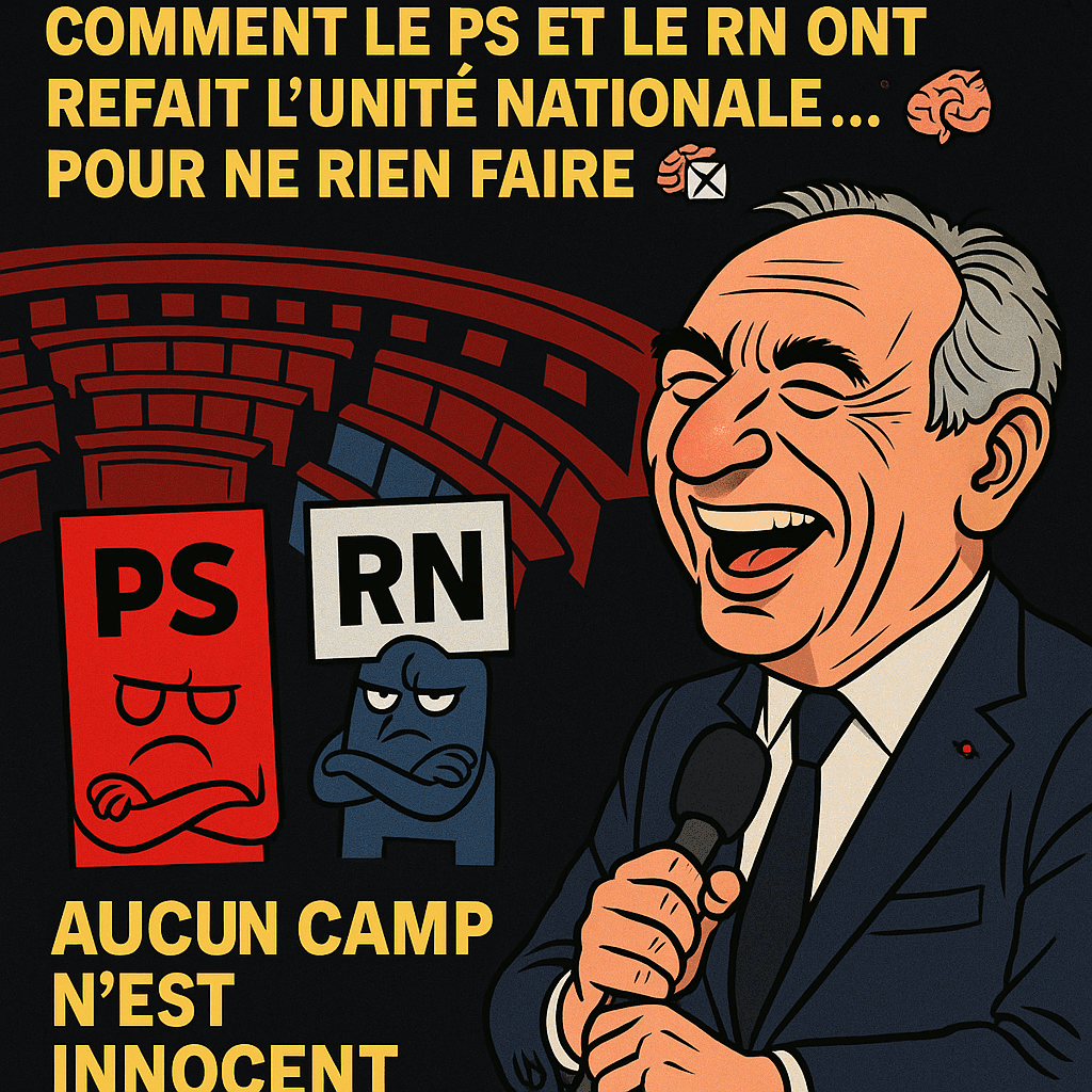 Caricature satirique de François Bayrou riant à l'Assemblée, encadré par deux blocs PS et RN aux visages fermés, avec le slogan : "Aucun camp n'est innocent".