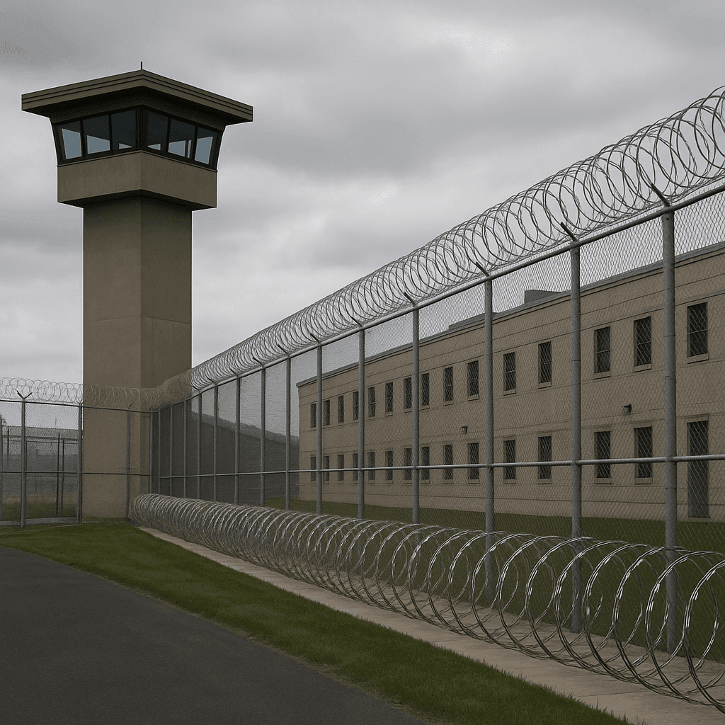 Vue extérieure d’un quartier de haute sécurité avec mirador, grillage et barbelés. Image illustrant un article sur les prisons en France et les technologies de brouillage sélectif.