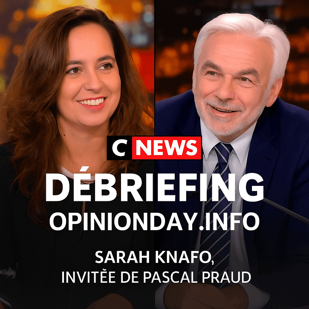 Portrait croisé de Sarah Knafo et Pascal Praud sur le plateau de CNEWS. Visuel officiel du débriefing publié sur OpinionDay.info.